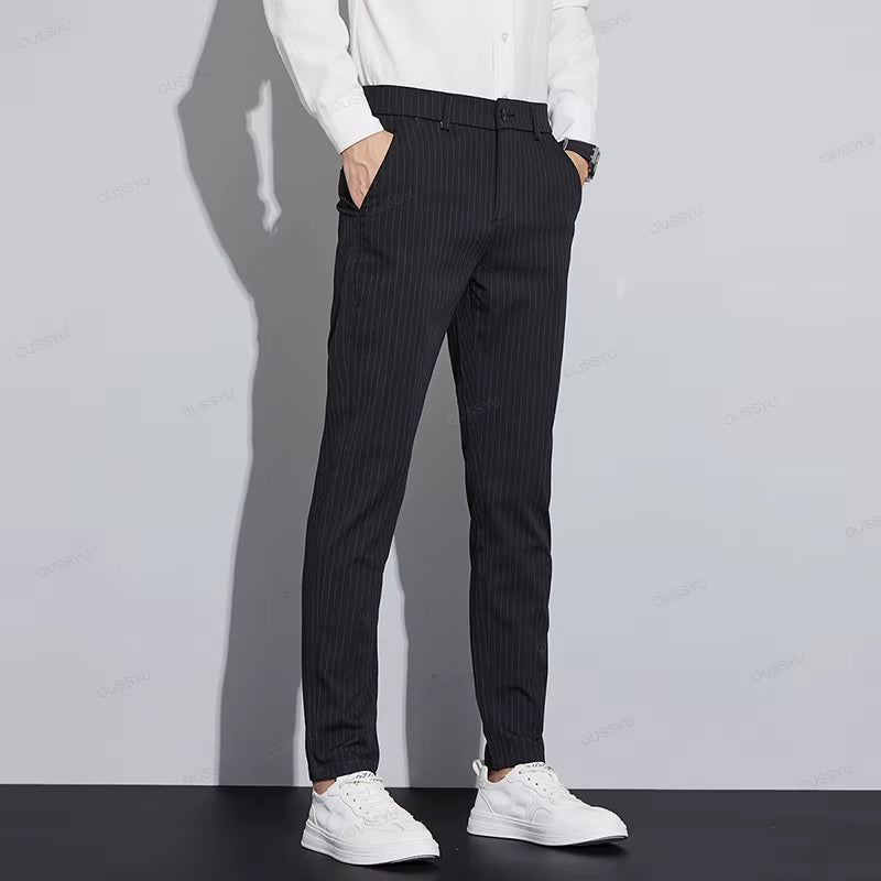 Autumn Stripe Suit Pants Men Business Fashion Solid Color Slim Casual Trousers 