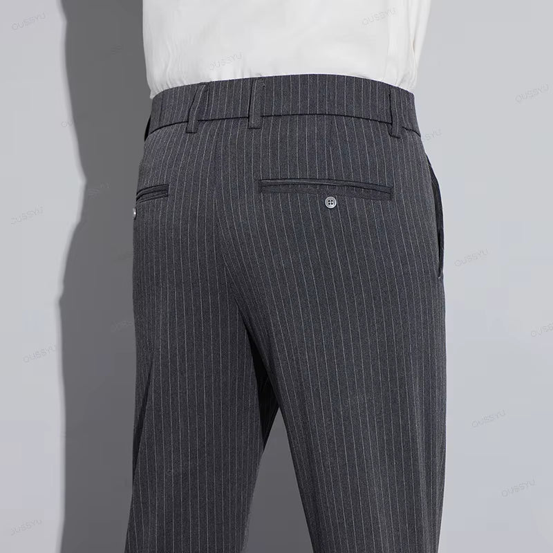 Autumn Stripe Suit Pants Men Business Fashion Solid Color Slim Casual Trousers 