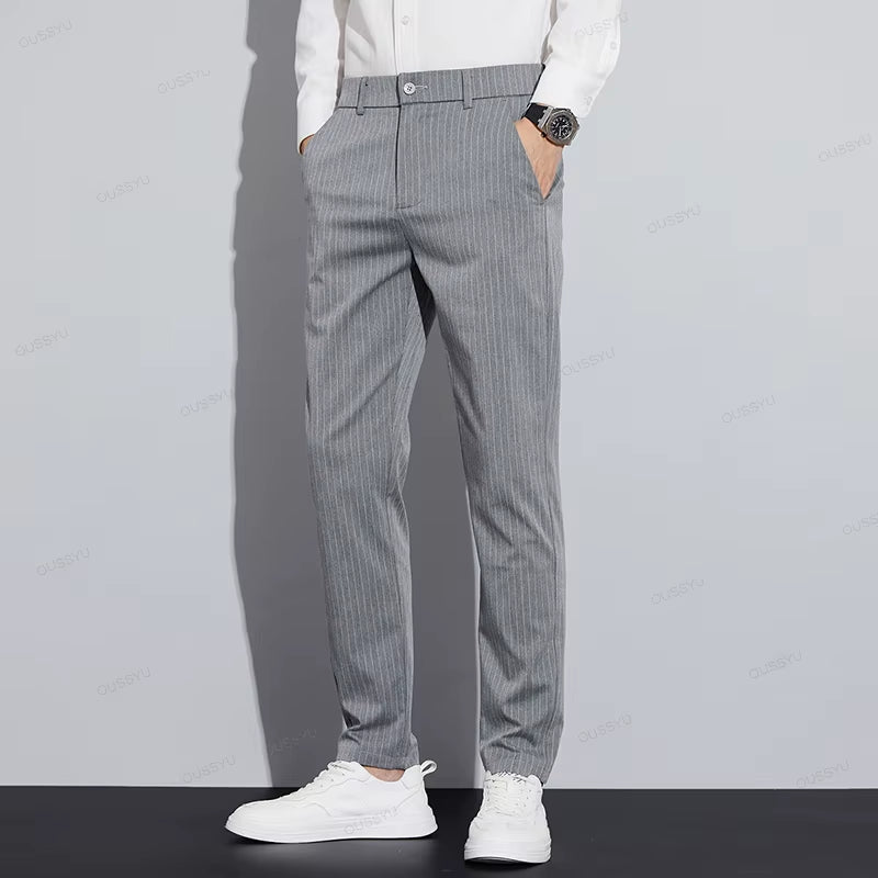 Autumn Stripe Suit Pants Men Business Fashion Solid Color Slim Casual Trousers 