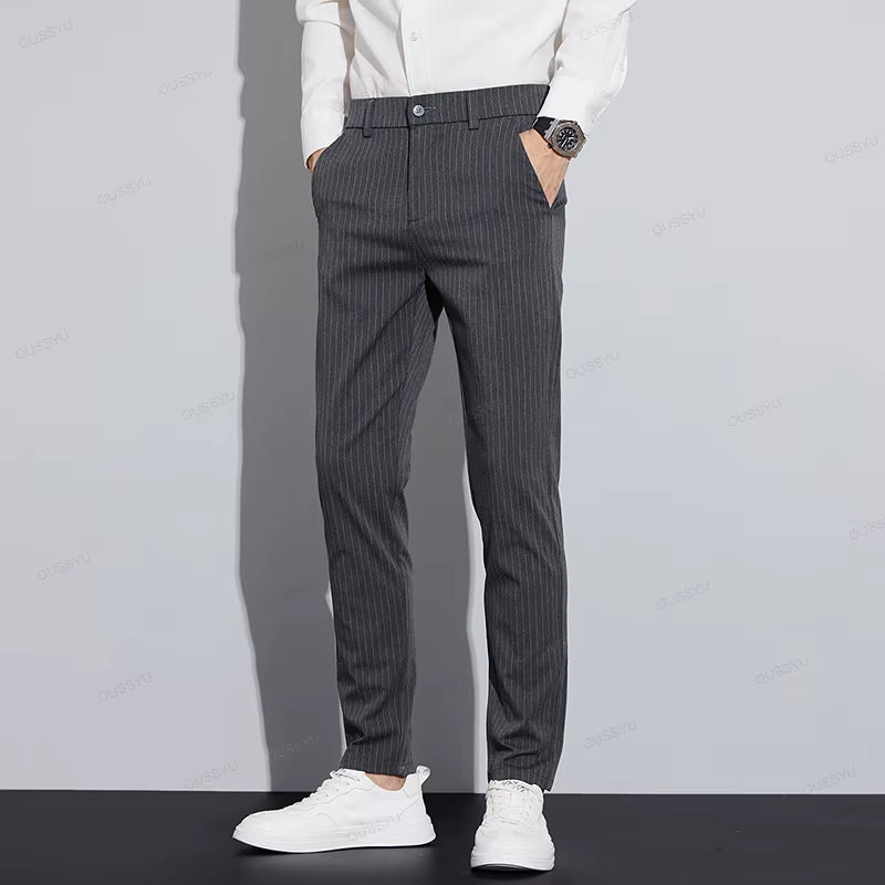 Autumn Stripe Suit Pants Men Business Fashion Solid Color Slim Casual Trousers 