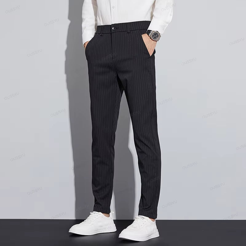 Autumn Stripe Suit Pants Men Business Fashion Solid Color Slim Casual Trousers 