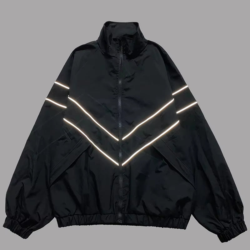 Streetwear Reflective Striped Jacket, Windbreaker, Black, Blue