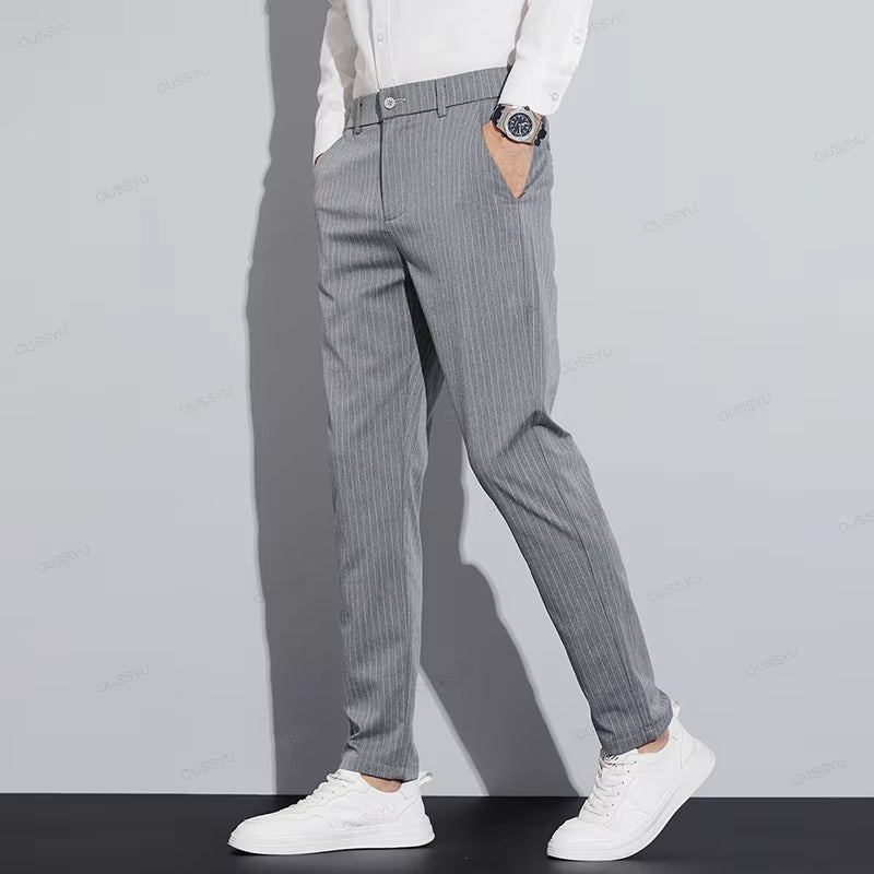 Autumn Stripe Suit Pants Men Business Fashion Solid Color Slim Casual Trousers 